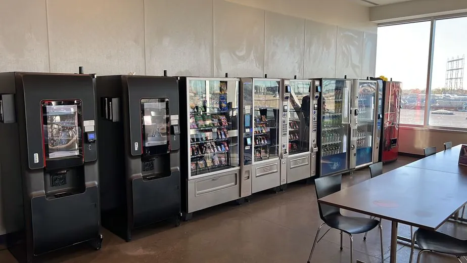 Glass front vending coolers in a bright lobby